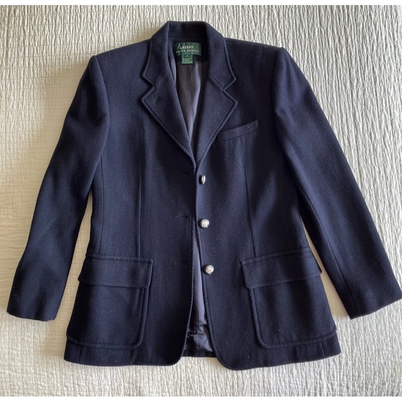 EUC VTG Ralph Lauren navy wool mix herringbone equestrian jacket - Picture 4 of 11